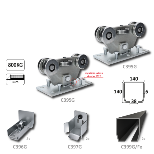 GRANDE-Klasik samonosný systém 140x140x6 mm pro posuvné brány do 800 kg / 13 m otvor (C399G/Fe 2x 6 m černý profil, C395G 2ks, C396G 2ks, C397G 2ks), běžný provoz